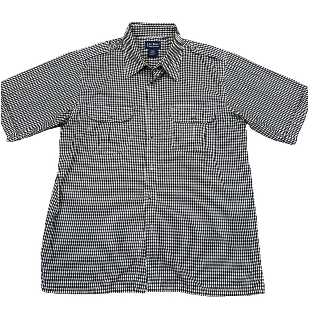 VTG John Blair Shirt Mens L Black White Gingham Double Pockets Collar Button Up